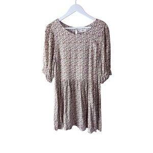 Natural Life Ditsy Floral Babydoll Mini Dress Purple Yellow Puff Sleeve Womens M